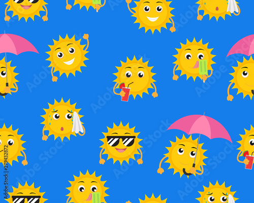 Seamless pattern of cartoon sun mascot in different pose on blue background