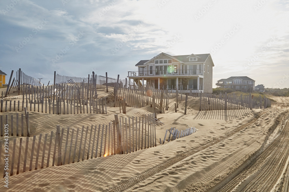 Large vacant home on a sand dunes beach in North Carolina in October