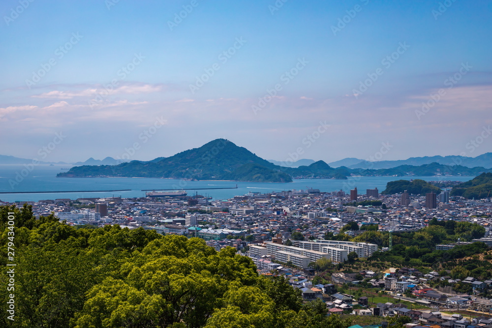Matsuyama cityscape and gogoshima island ,Shikoku,Japan