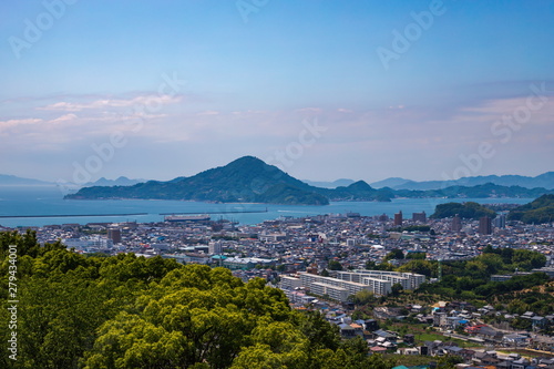 Matsuyama cityscape and gogoshima island ,Shikoku,Japan