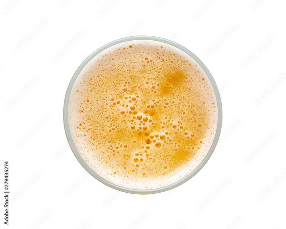 beer bubbles in glass cup on white background. top view. beer bubbles in glass cup on white background. top view.