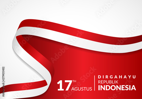 17 August 1945, Happy Indonesia Independent Day. Template of greeting card, banner with lettering of Happy Independent Day Waving Indonesia flags isolated on white background. vector illustration