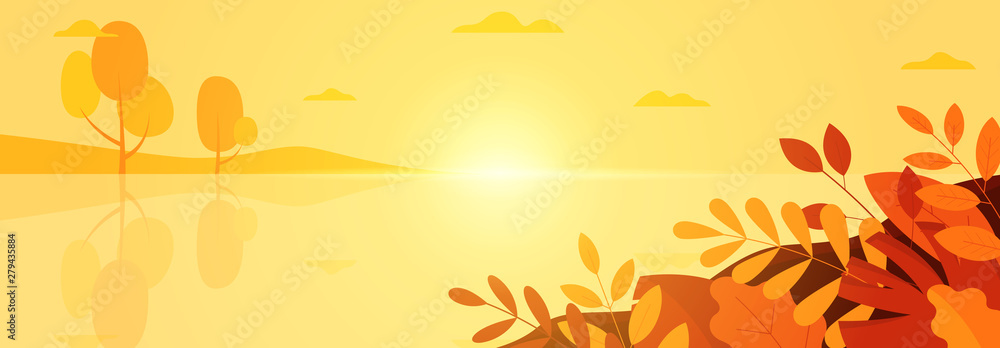 Nature autumn landscape illustration. Seasonal beautiful background with autumn leaves. Social media banner, promo design template. Vector illustration in flat style.