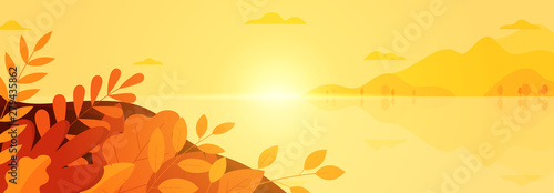 Nature autumn landscape background. Seasonal beautiful banner with autumn leaves. Social media banner, promo design template. Vector illustration in flat style.