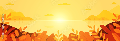 Beautiful autumn landscape background. Seasonal nature banner with autumn leaves. Social media banner, promo design template. Vector illustration in flat style.