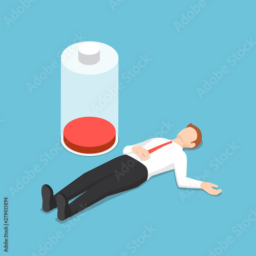 Isometric businessman fainting on the floor with low energy battery