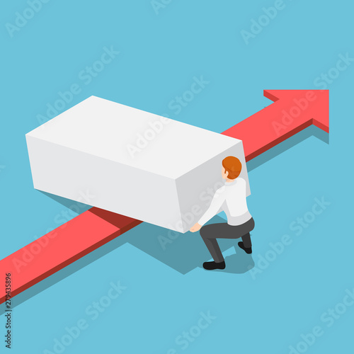 Isometric businessman lifting up obstacle to let the red arrow pass