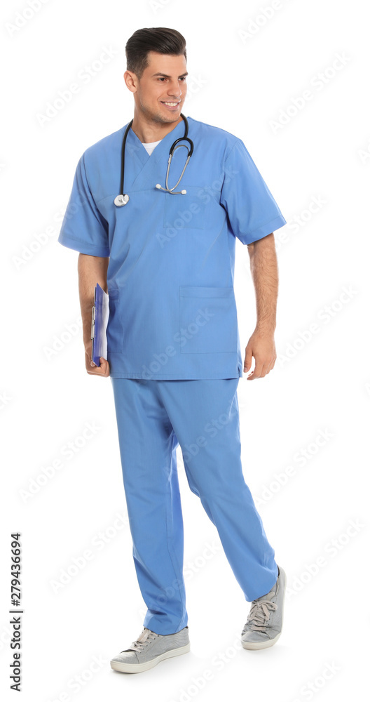 Full length portrait of medical doctor with clipboard and stethoscope isolated on white Full length portrait of medical doctor with clipboard and stethoscope isolated on white