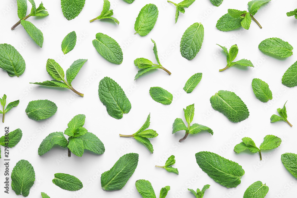 Fresh green mint leaves on white background, top view - obrazy, fototapety, plakaty 