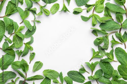 Frame made of fresh green mint leaves on white background, top view. Space for text
