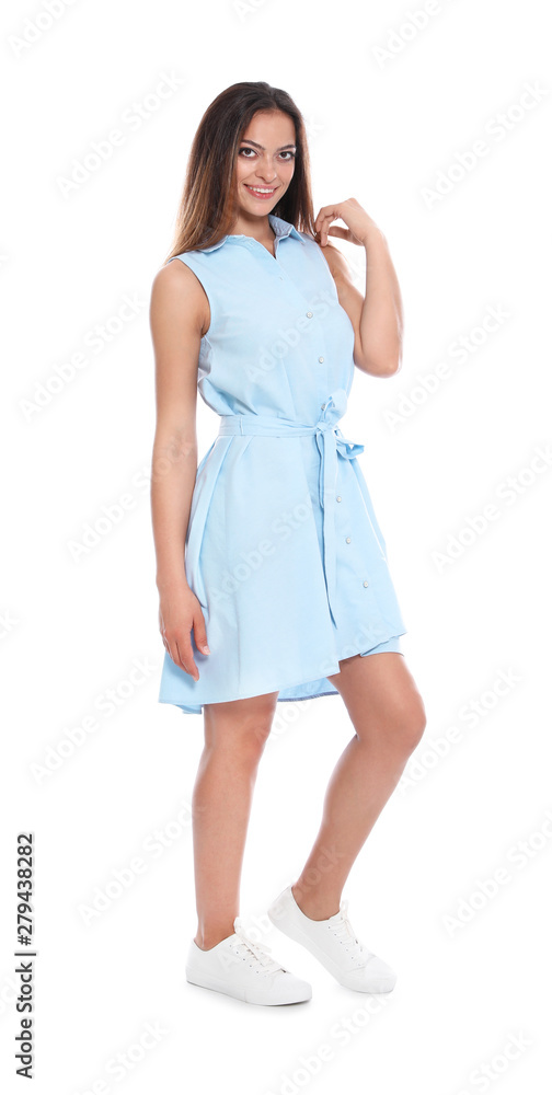 Full length portrait of beautiful young woman in dress on white background Full length portrait of beautiful young woman in dress on white background