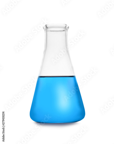 Conical flask with color liquid isolated on white. Chemistry glassware