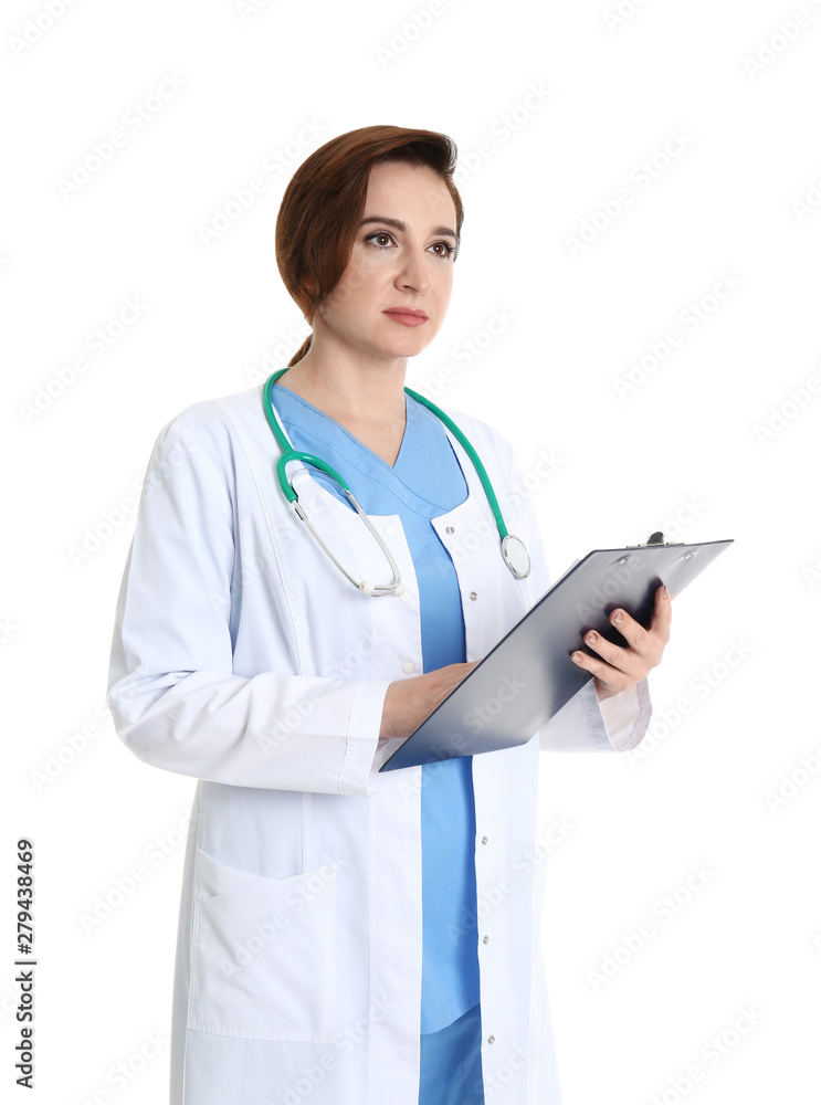 Portrait of experienced doctor in uniform on white background. Medical service Portrait of experienced doctor in uniform on white background. Medical service