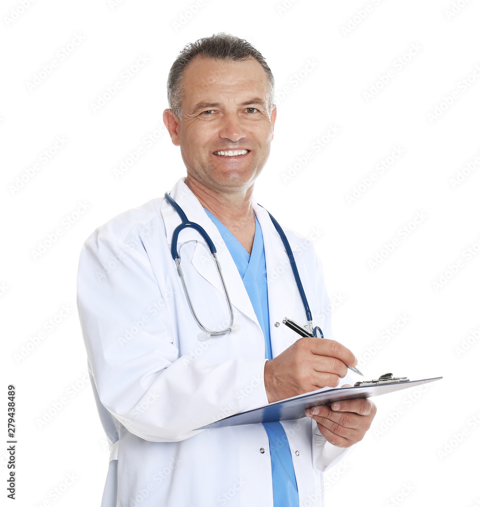 Portrait of experienced doctor in uniform on white background. Medical service Portrait of experienced doctor in uniform on white background. Medical service