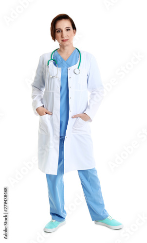 Full length portrait of experienced doctor in uniform on white background. Medical service