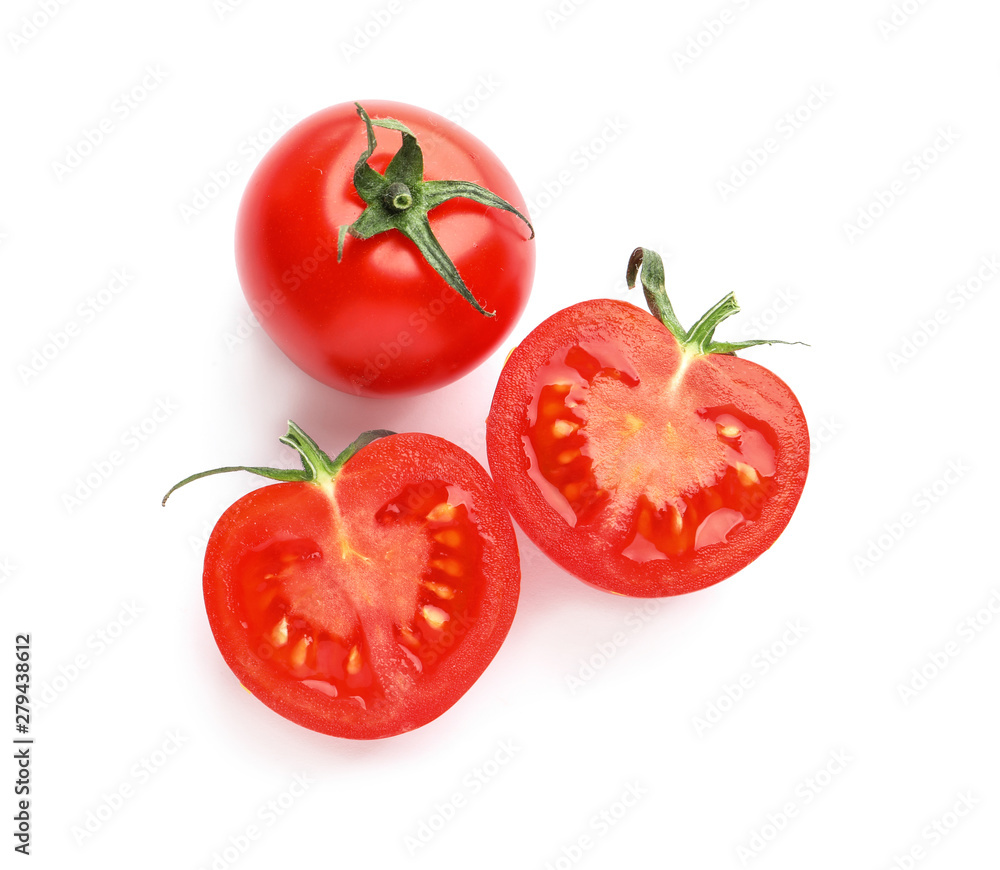 Cut fresh cherry tomatoes isolated on white Cut fresh cherry tomatoes isolated on white