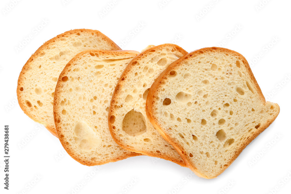 Slices of wheat bread isolated on white, top view