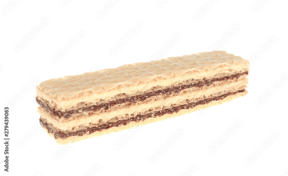 Wafer stick with chocolate filling isolated on white. Sweet food Wafer stick with chocolate filling isolated on white. Sweet food
