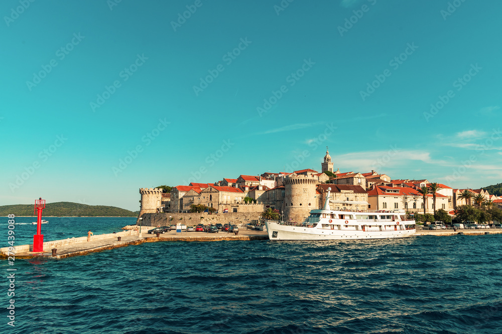 View of Korcula town on the island with ancient fortress, Croatia