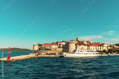 View of Korcula town on the island with ancient fortress, Croatia