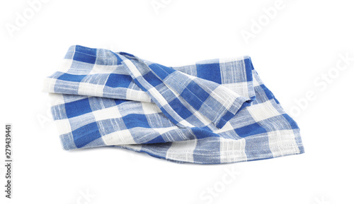 Crumpled blue checkered kitchen towel on white background