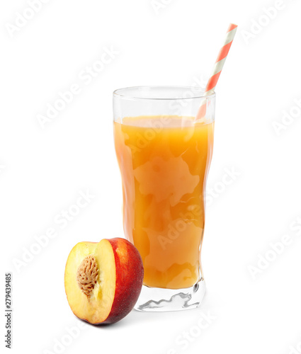 Delicious refreshing peach cocktail in glass and fresh fruit on white background