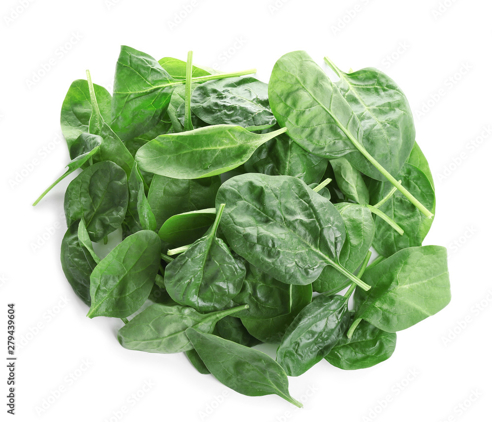 Heap of fresh green healthy baby spinach leaves isolated on white, top view Heap of fresh green healthy baby spinach leaves isolated on white, top view