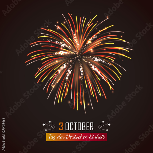 Germany independence day greeting card with festive fireworks. Tag der Deutschen Einheit. Inscription in german Day of german unity. National patriotic and political holiday vector illustration.