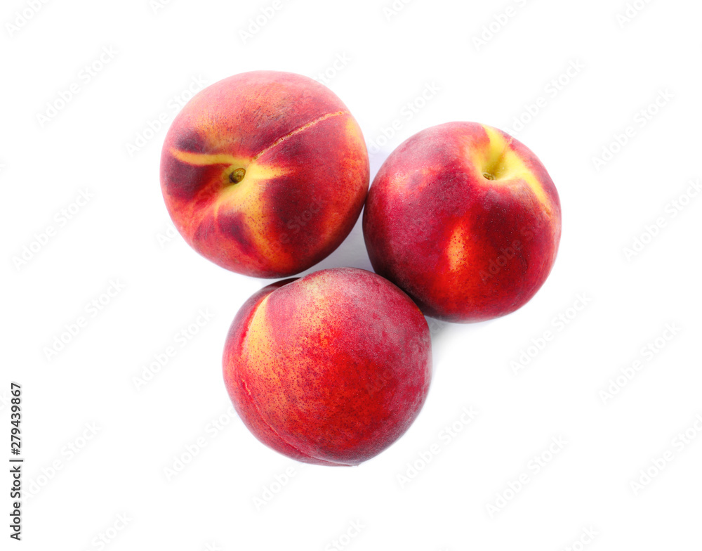 Sweet juicy peaches on white background, top view