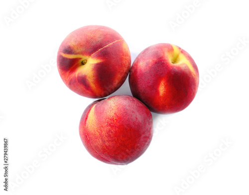 Sweet juicy peaches on white background  top view