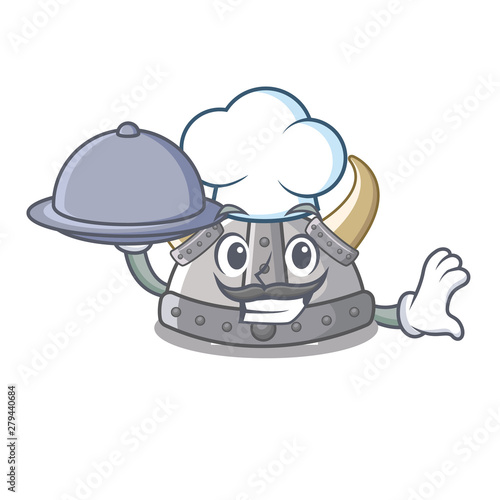 Chef with food viking helmet toys on mascot table