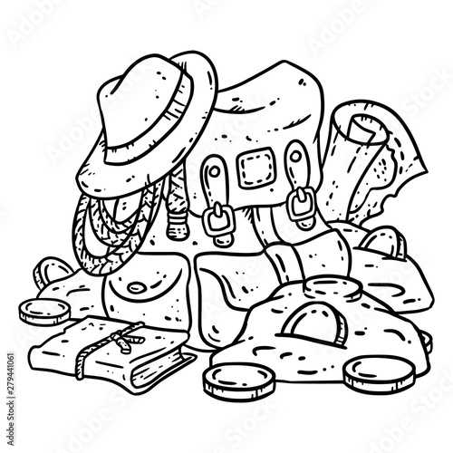 Adventurer pack lineart illustration for coloring. Treasure hunter comic style sketch. Archaeologist gold-digger backpack image
