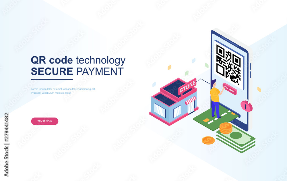 QR code technology, secure payment, online payment concept. people stand on credit cards while clicking the pay button on the smartphone. Flat isometric vector illustration