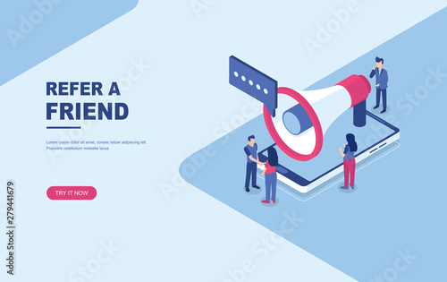 Refer a friend concept, people shout on megaphone, character handshake. Usable as landing page, template, ui, web, mobile app, poster, banner, flyer. Vector illustration
