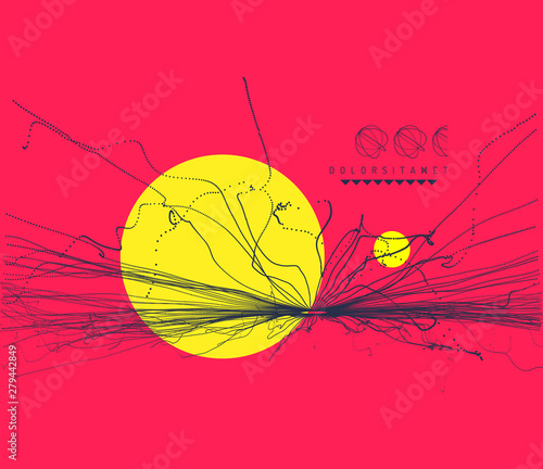 Point explode. Array with dynamic emitted particles. 3d vector composition for invitation, cover, poster, flyer or banner.