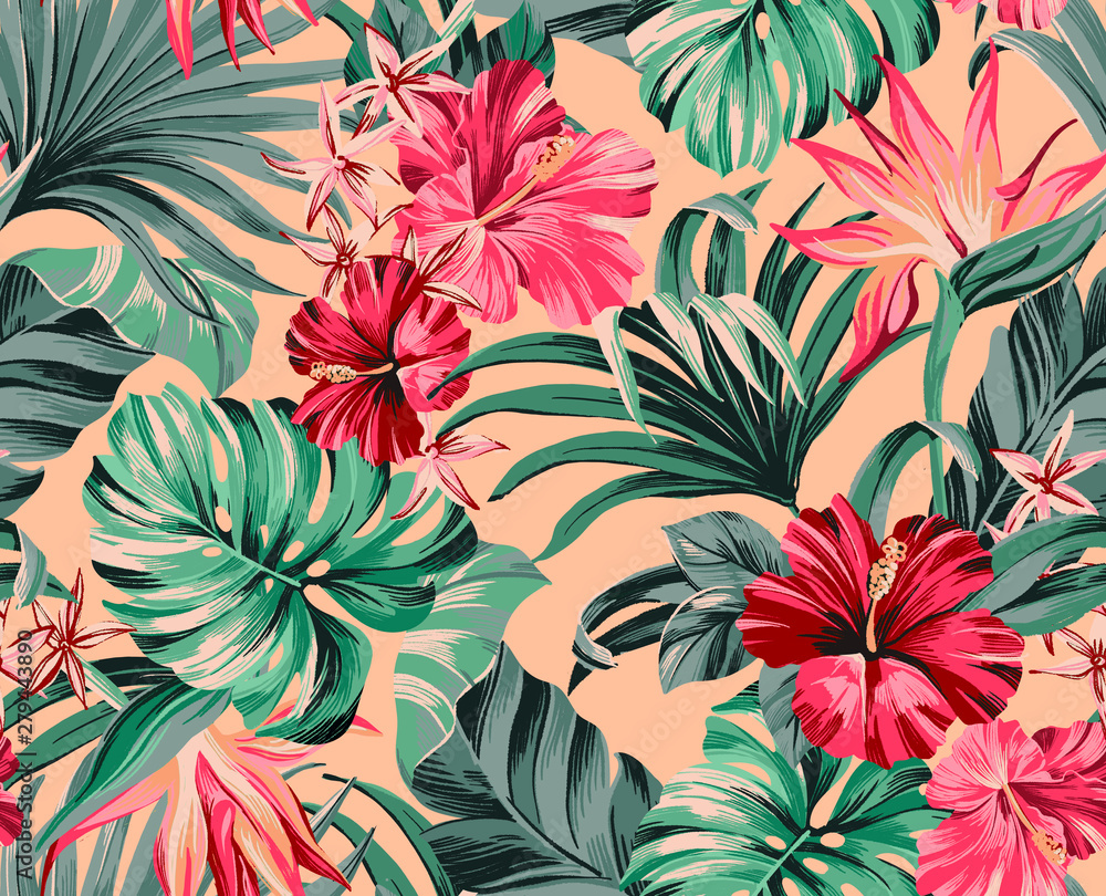 Fototapeta Exotic tropical flowers in trendy colors artwork for tattoo, fabrics, souvenirs, packaging, greeting cards and scrapbooking,bed linen,wallpaper