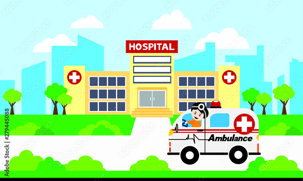 Medical concept with hospital buildings and ambulances in a smooth style