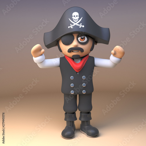 Jolly roger wearing pirate sea captain with eyepatch cheers with happiness, 3d illustration photo