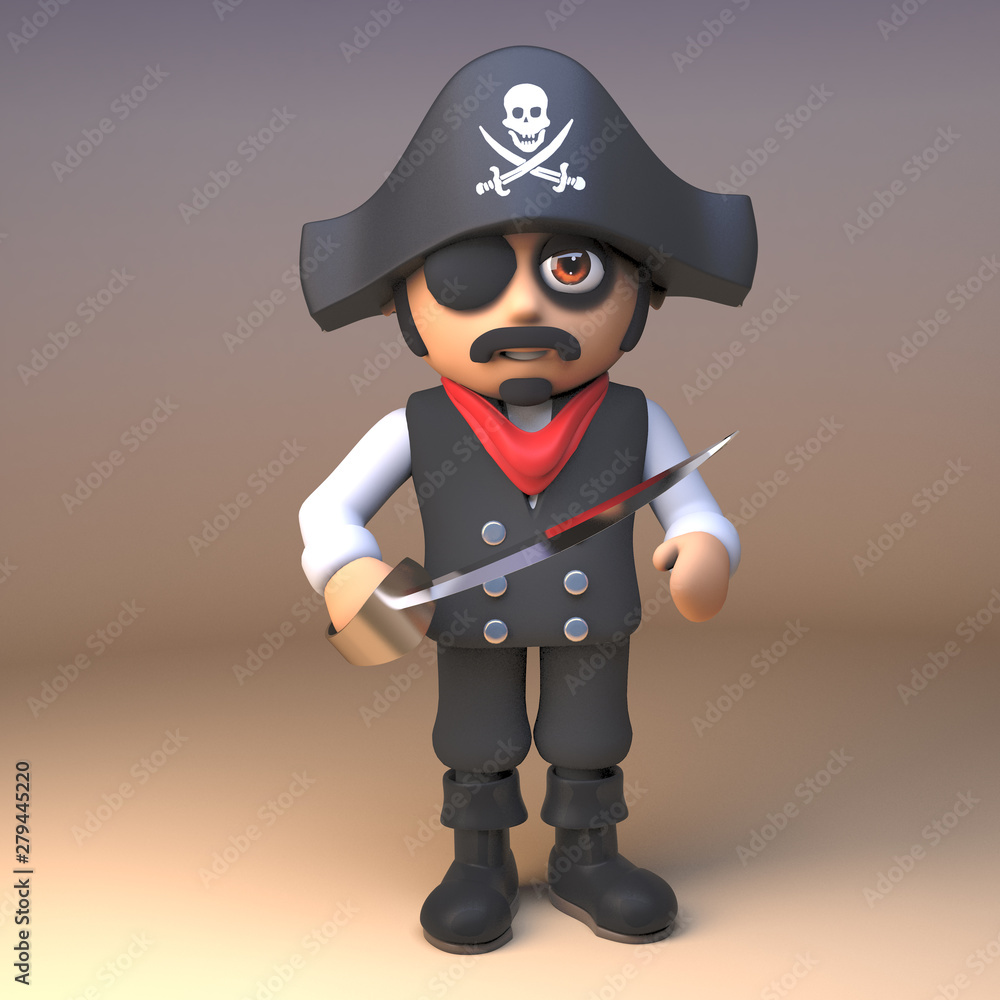 3d pirate sea captain wearing jolly roger skull and crossbones hat and eyepatch wields his trusty cutlass, 3d illustration