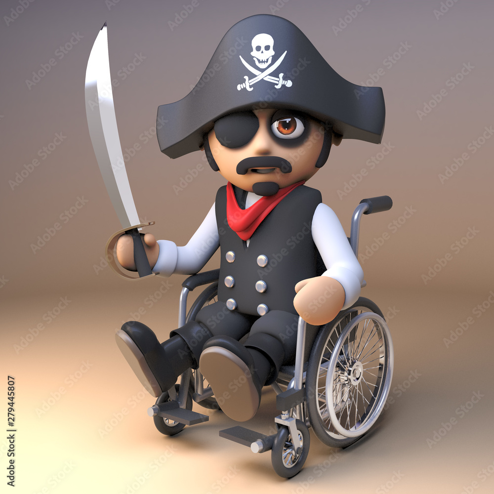 Pirate sea captain in eyepatch and skull and crossbones hat wields a ...
