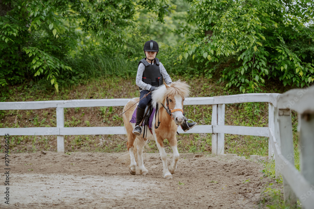 Caucasian girl with helmet and protective vest on riding cute white and brown pony horse. Sunny day on ranch concept. Caucasian girl with helmet and protective vest on riding cute white and brown pony horse. Sunny day on ranch concept.