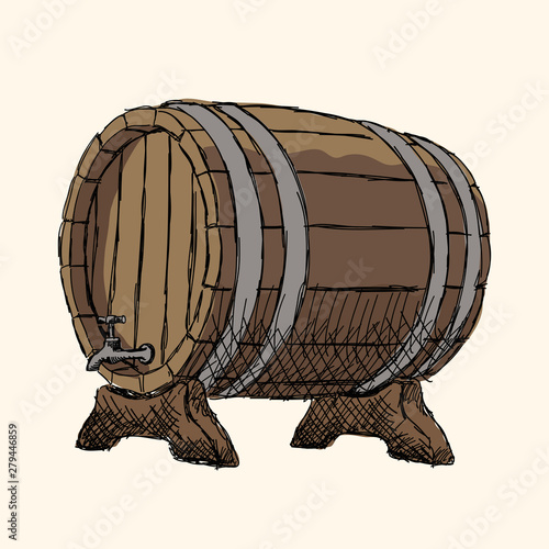 Oak barrel with metal rims for beer on stands.