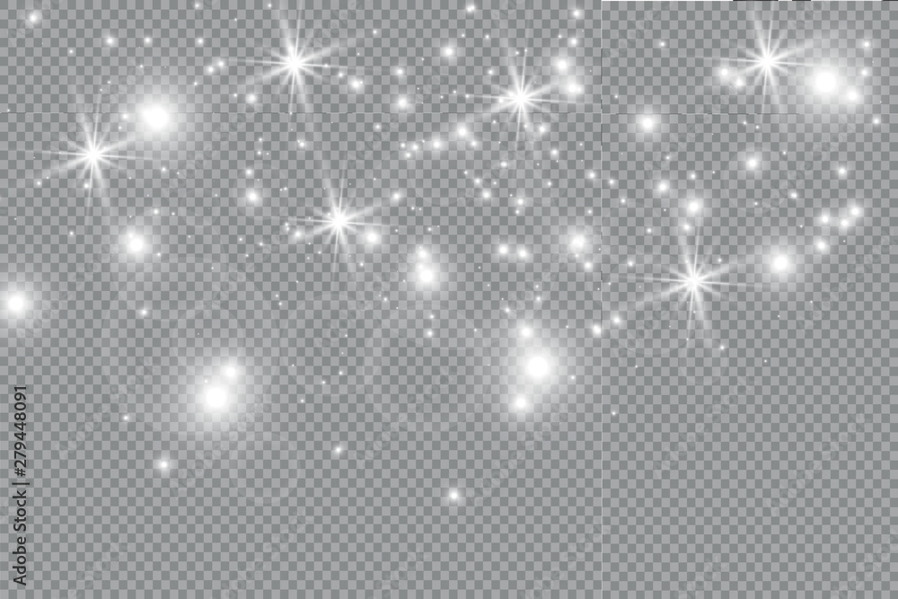 Dust white. White sparks and golden stars shine with special light. Vector sparkles on a transparent background. Christmas abstract pattern. Sparkling magical dust particles. - obrazy, fototapety, plakaty 