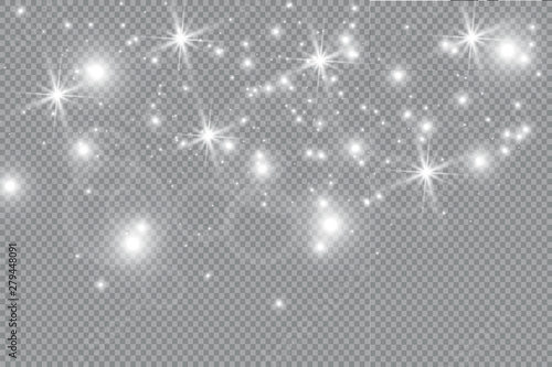 Dust white. White sparks and golden stars shine with special light. Vector sparkles on a transparent background. Christmas abstract pattern. Sparkling magical dust particles.
