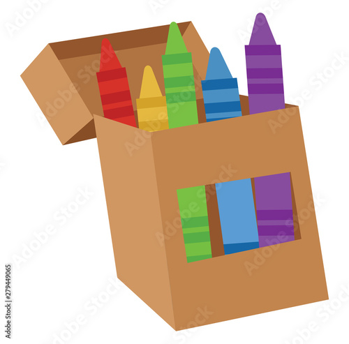 Box with crayons, illustration, vector on white background.