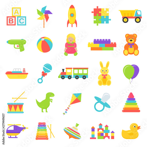 Baby toy. Vector. Kids toys isolated. Set cute baby shower stuff in flat design on white background. Colorful cartoon illustration. Collection children icons.