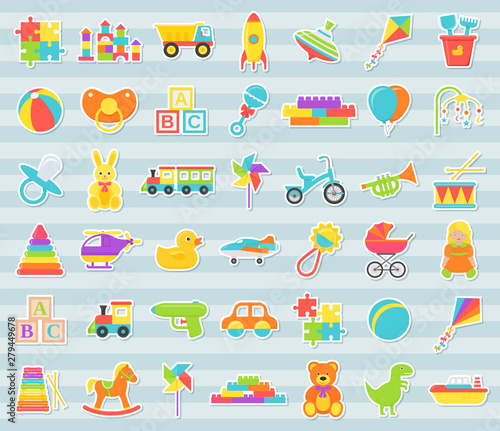 Baby toys stickers. Vector. Kids toy isolated. Baby shower stuff in flat design. Cartoon illustration. Set colorful children icons on blue striped background.