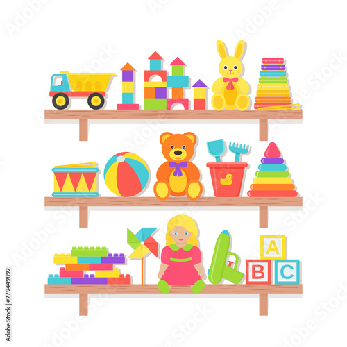 Baby toy on shelf. Vector. Set kids toys. Baby stuff on wooden rack isolated. Colorful cartoon illustration. Collection children icons in flat design on white background. Color banner.