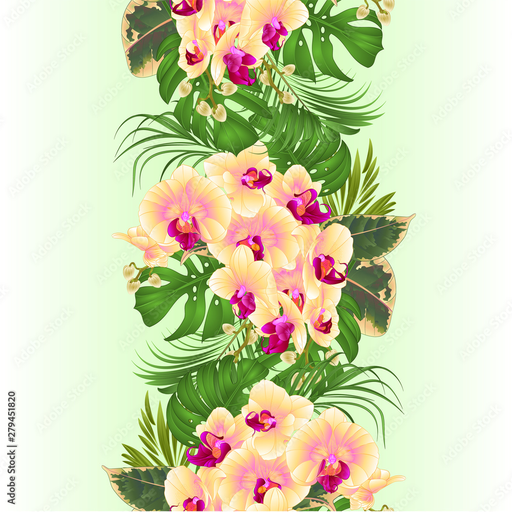 Vertical border seamless background  with tropical flowers  floral arrangement, with beautiful yellow orchid, palm,philodendron and ficus vintage vector illustration  editable hand draw