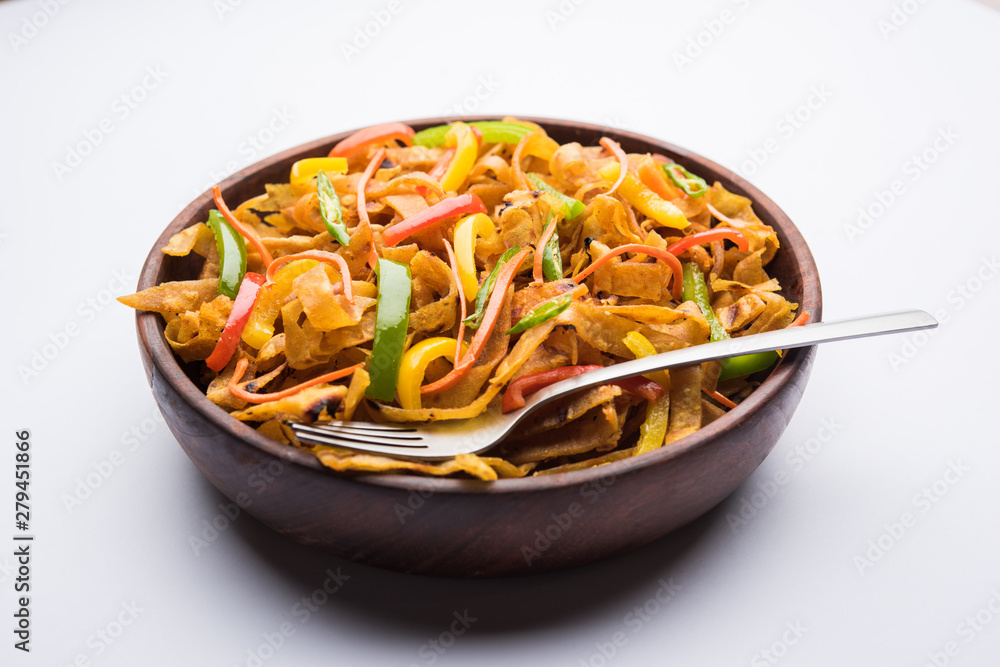 Leftover Chapati noodles also known as fodnichi holi or Upma is a great substitute for traditional unhealthy noodles for kids, selective focus Leftover Chapati noodles also known as fodnichi holi or Upma is a great substitute for traditional unhealthy noodles for kids, selective focus